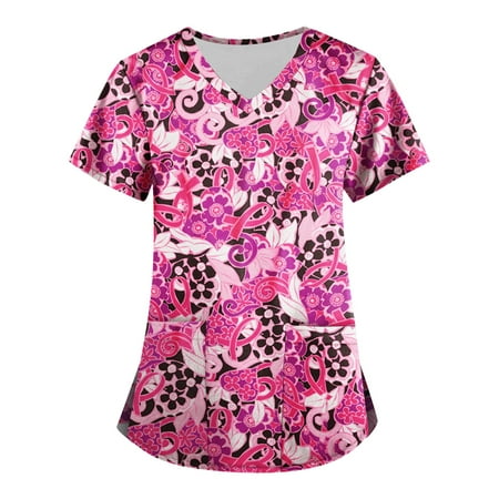 

QAZXD Womens Tops Women s Fashion V-neck Short Sleeve Scrub Tops With Pockets Printed Tops(Buy 2 Get 1 Free)