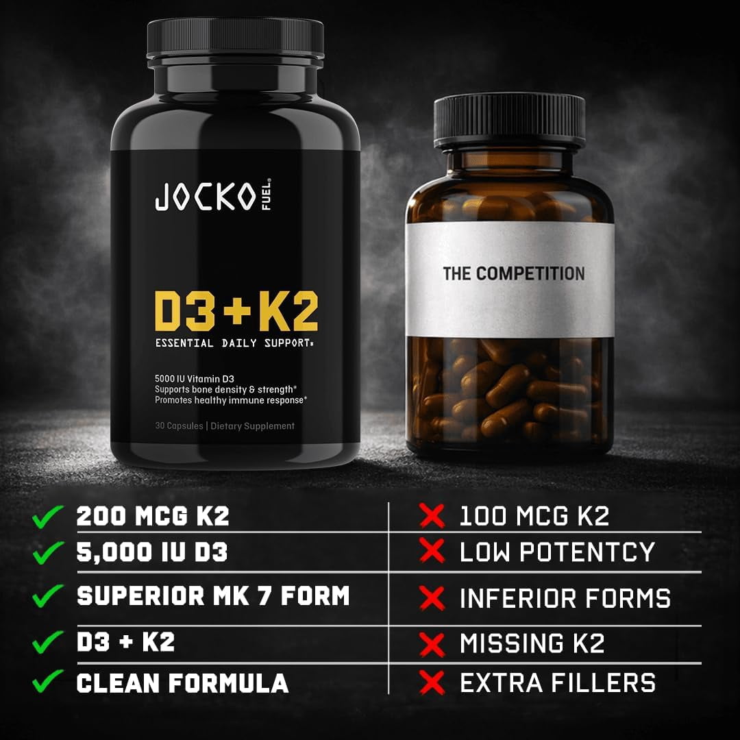 Jocko Vitamin D3 + K2, Bone Density, Calcium, Hormonal Regulation, 30 count