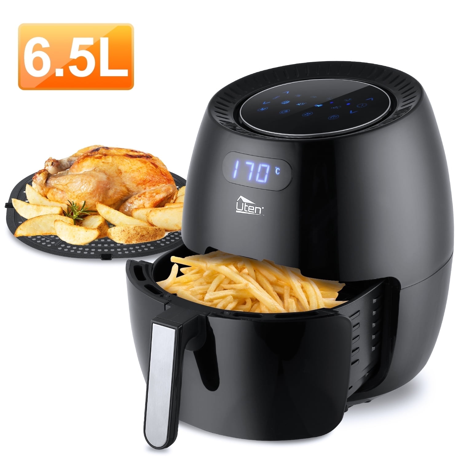 Uten 6.9 Qt Air Fryer Toaster Oven Combo, 1700W Digital One-Touch Screen Airfryer, 8 Presets Nonstick Basket, Compact Size for Family, Easy Clean, Black