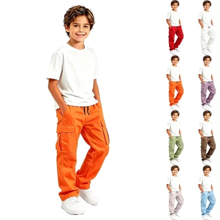 DJDLJWCJ Teen Boys Cargo Pants Elastic Waist Straight Leg School Uniform Pants Multi Pockets Comfortable Long Pants Orange Size 10