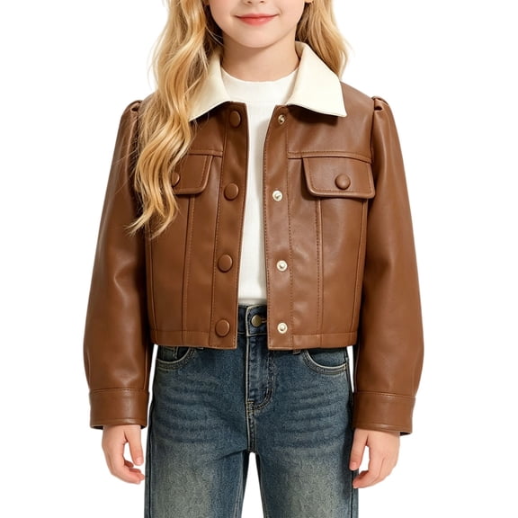 KAUOD Girls Cropped PU Leather Jacket Contrast Lapel Button Bomber Jacket Kids Cute Casual Long Sleeve Faux Leather Motorcycle Coat