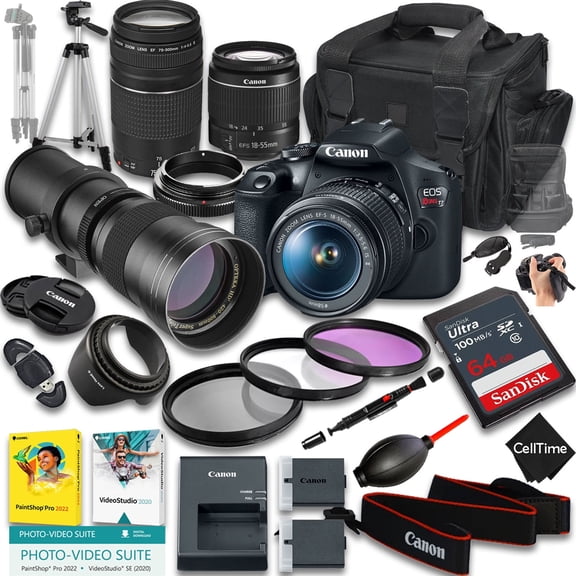 Canon EOS Rebel T7 DSLR Camera with EF-S 18-55mm f/3.5-5.6 IS II And EF 75-300mm f/4-5.6 III & 420-800mm f/8 Lens   64GB Memory   Extra Battery   More (26pc Bundle) (International Version)
