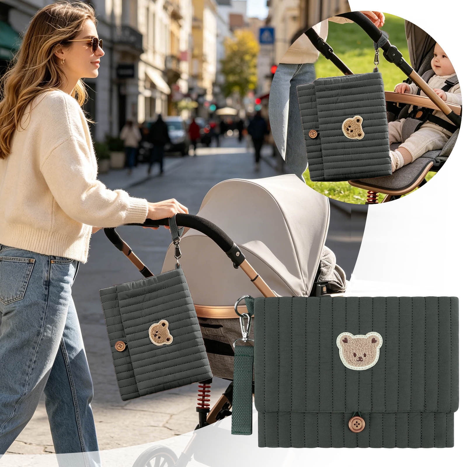 Bear Embroidery Baby Organizer Bag 10.6 Inch Multifunction Diaper Clutch with Wipes Pocket Portable Stroller Attachment Storage Pouch for Travel Green
