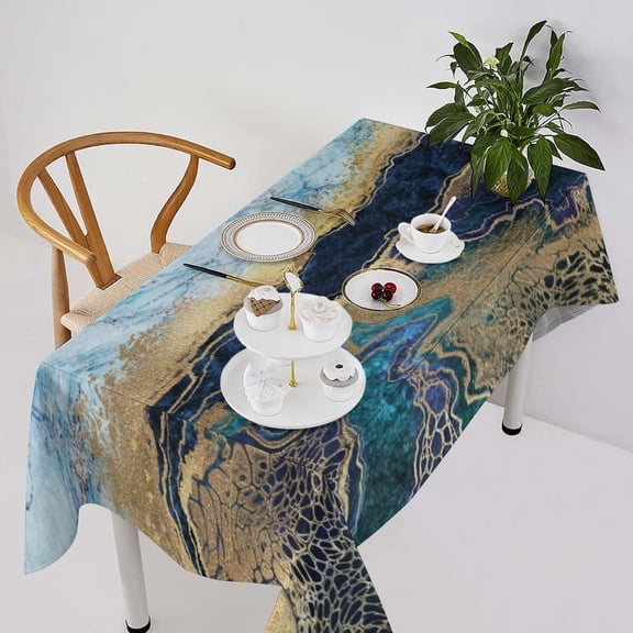 Marble Waterproof Tablecloth,Abstract Blue Marble Fake Stone Liquid Gold Foil and Glitter Reusable Oil-Proof Table Cover for Kitchen Dining Room Party Holiday Celebration Rectangle-60 x120