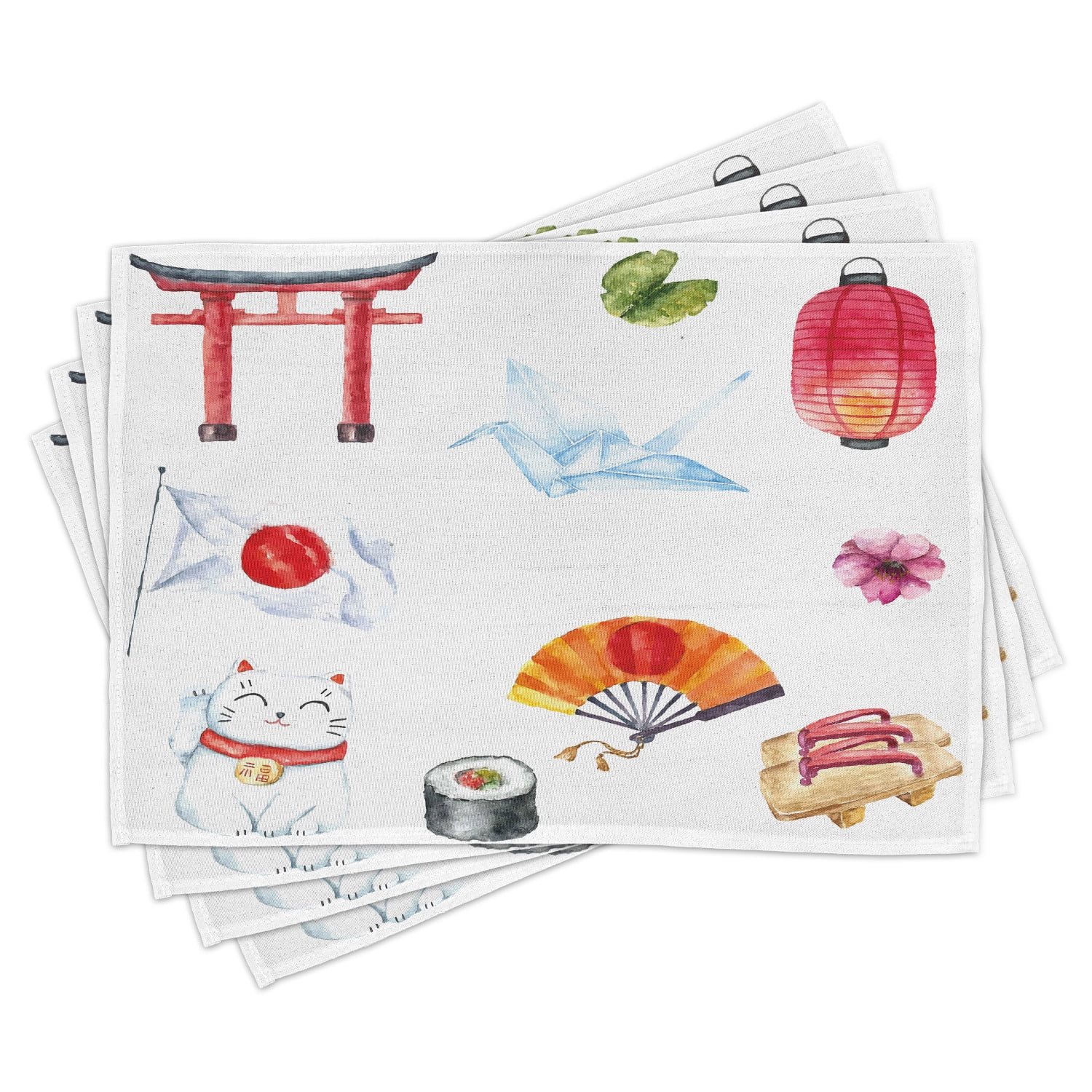 Japanese Placemats Set of 4 Hand Drawn Traditional Elements Watercolors Torii Gate Origami Bird