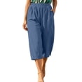 thumbnail image 6 of Women's Cotton Spandex Wide Leg Cropped Pants, Mid Elastic Waist Flowy Soft, Multi Pockets Solid Color, Casual Business Lounge Summer Beach, Womens Capri Pants | VerBelle,Blue L, 6 of 7