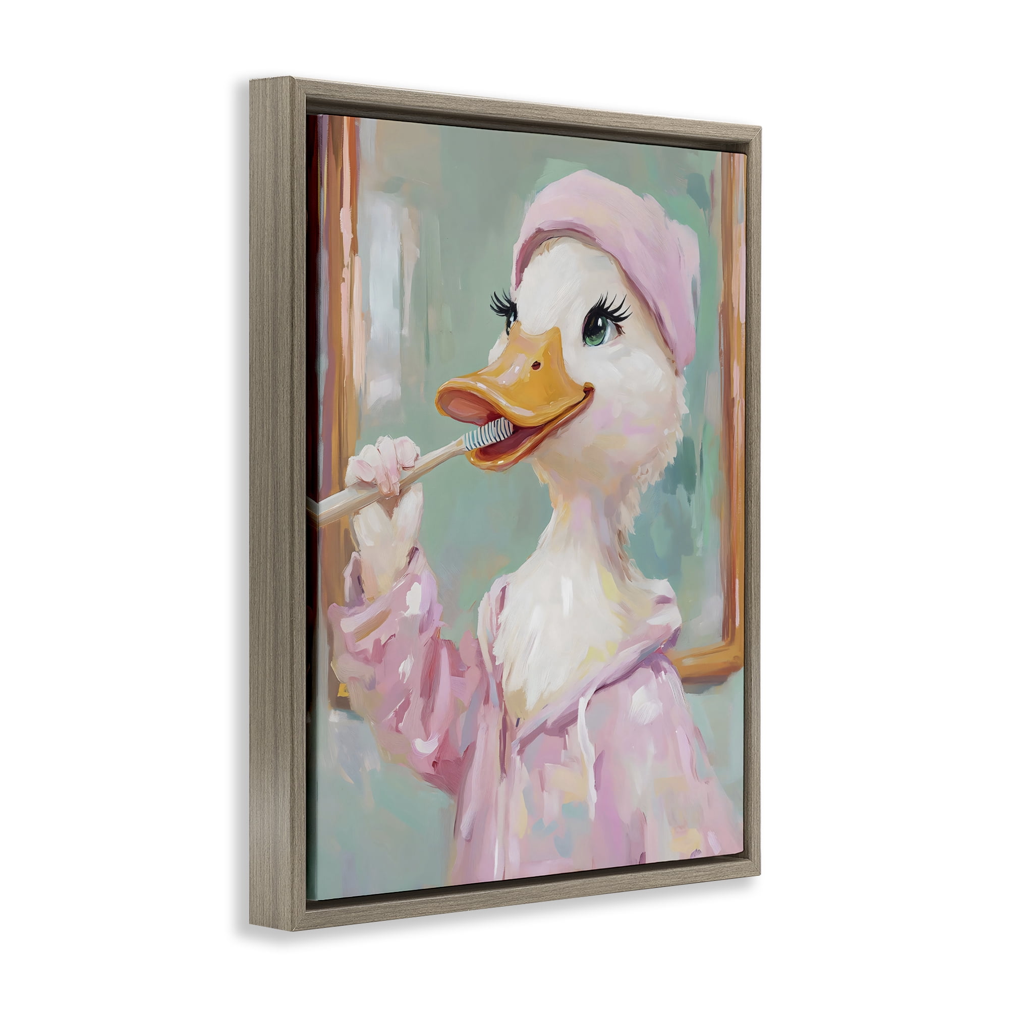 Stupell Industries Duck Brushing Teeth Brown Framed Floater Canvas Wall Art, design by The Prints Vibe