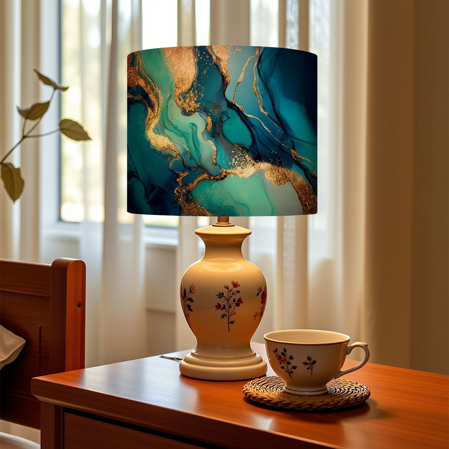 Linen Drum Lampshades Pastel cyan mint liquid marble watercolor gold lines brush stains Teal 13"x13"x10" Light Shade for Table Lamps Floor Lamp Shades Lampshade Replacement Assembly Required