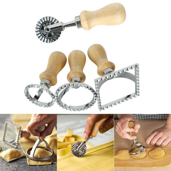 Pasta Cutting Embossed Roller Set | Stainless Steel Ravioli Dumpling Maker | Fluted Edge Cutter with Beechwood Handle | Includes Small & Large Circular Dies | Multi-Shape Baking Utensils | 4-Piece