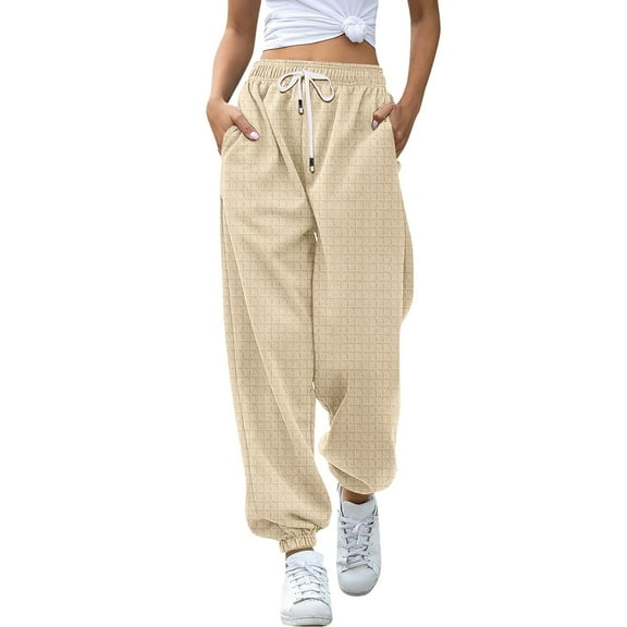 ManxiVoo Womens High Waisted Wide Leg Joggers with Pockets Comfortable Workout Trousers L Size Beige