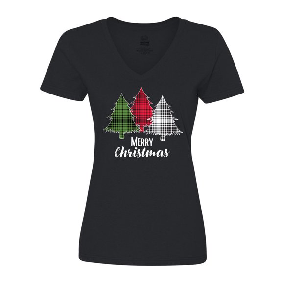 Inktastic Merry Christmas Plaid Trees Women's V-Neck T-Shirt