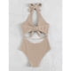 thumbnail image 4 of Traje de baño de una pieza para mujer, cintura alta, hueco, halter, espalda descubierta, nudo en el busto, traje de baño Caqui M, 4 of 8