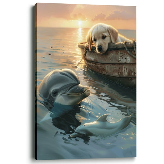 Wallume Store Golden Retriever Puppy Dolphin Canvas Wall Art Kids Room Decor 12x8 Inch
