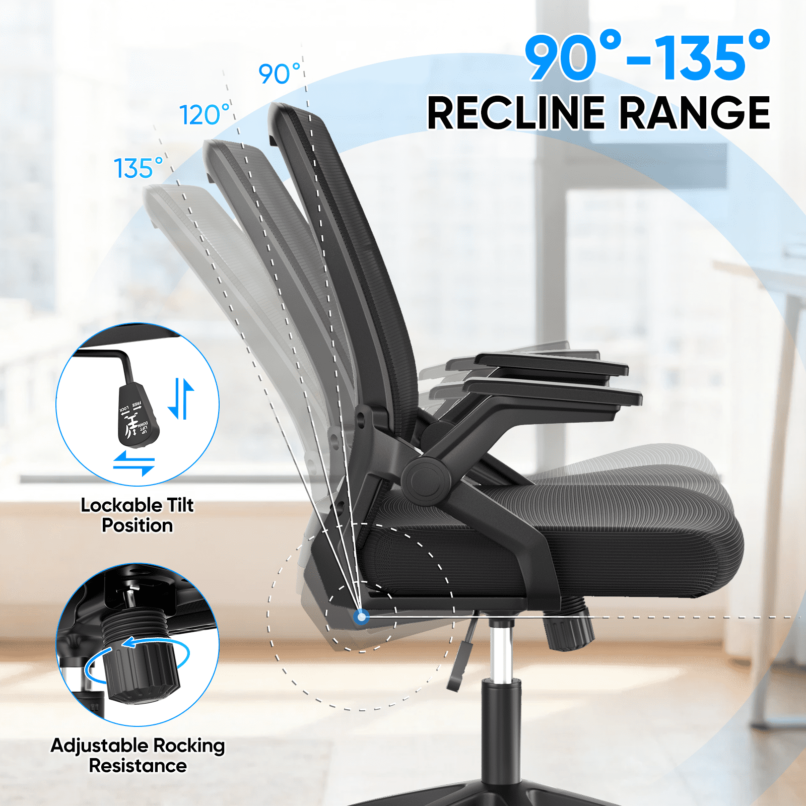 Monibloom Ergonomic Office Chair for Adults, Flip-Up Adjustable Armrest, 135° Reclining Tilt Lock, Thick Cushion Mesh Back, Home Desk Chair