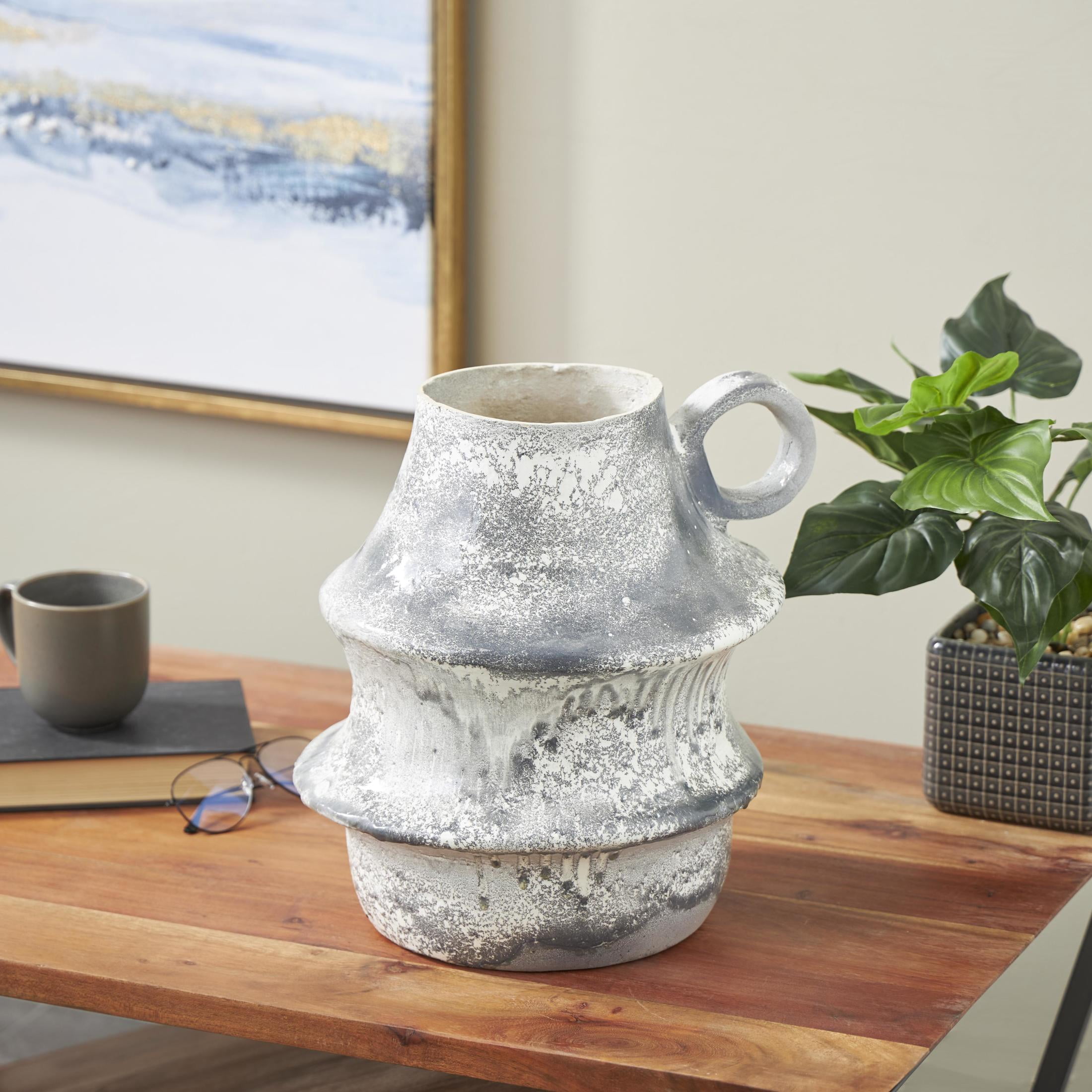 DecMode 15" Distressed Fluted Light Gray Paper Mache Vase with Light Gray Texturing and Ring Handle