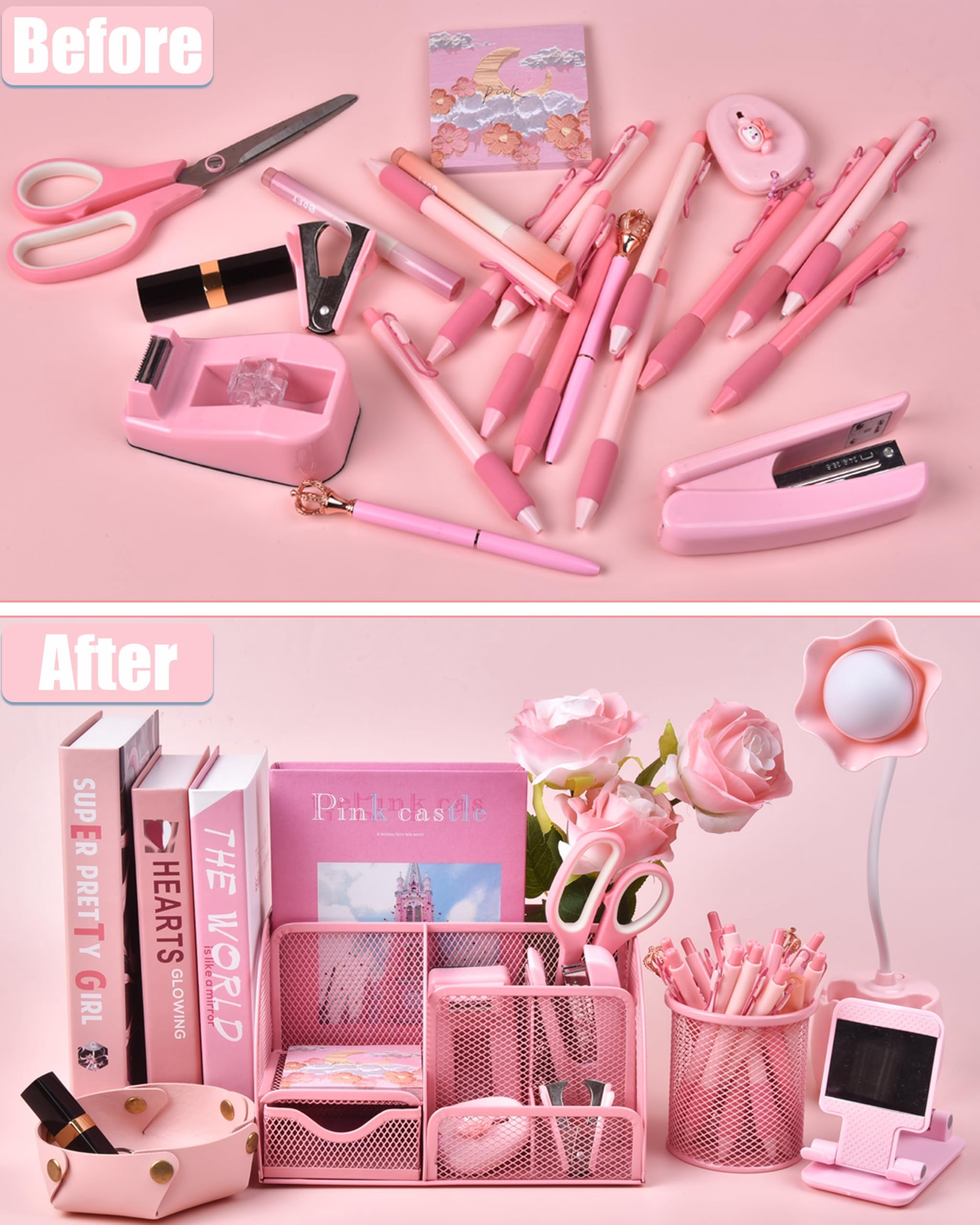 Pink Desk Accessories  24pcs Office Supplies And Organizers With Tape Dispenser Stapler Staple Remover Ect Gift Box Packaging