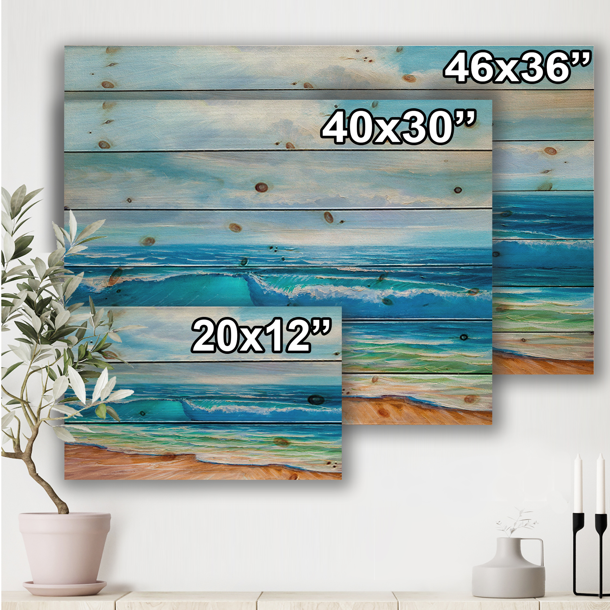 Designart 'Sunshine Reflecting Throug Braking Sea Waves III' Coastal Print on Natural Pine Wood