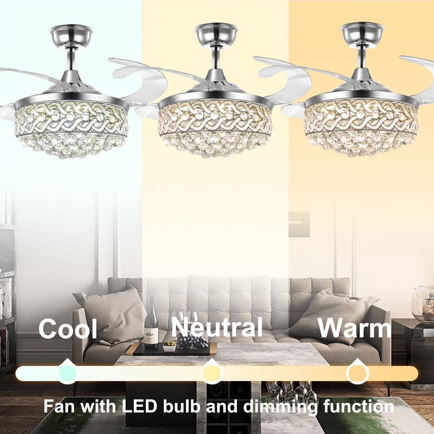 FINE MAKER 42" Contemporary Chandelier Ceiling Fan with LED Lights and Remote Control
