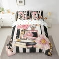 thumbnail image 2 of 7 Piece Pink Floral Bed In A Bag Twin Size Modern Fashion Girly Comforter Set Romantic Makeup Themed Bed Set Black White Stripe Sheet Set Women Perfume Print Bedding Fitted Sheet, 2 of 5
