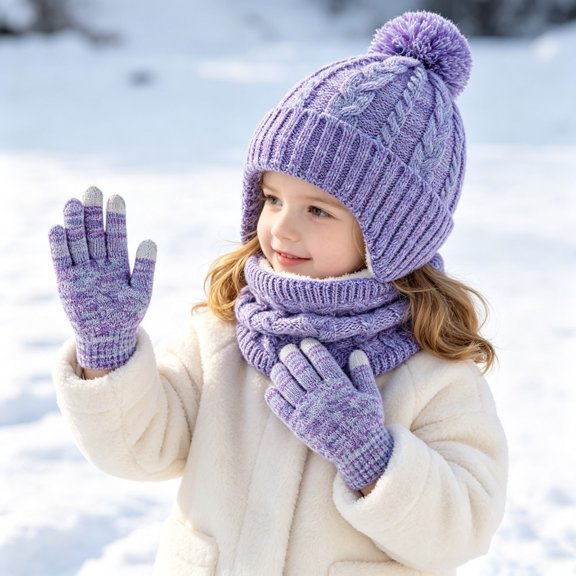 PInxai Caps for Kids 3 Piece Sets Warm Knitted Gloves Children Hats with Pom Neck Warmer Fashion Winter Sets,Purple,Free Size