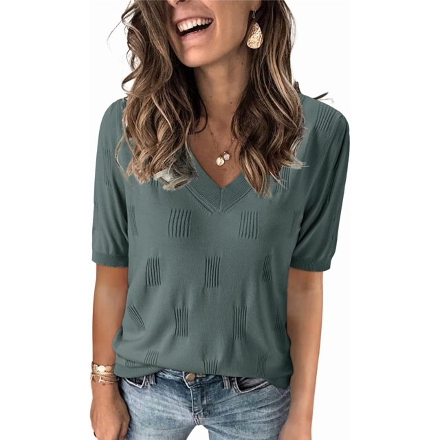 Arach&Cloz Women's V-Neck Short Sleeve Special Rib Knitted Pattern Casual Tops Sweater Spring Summer 2025