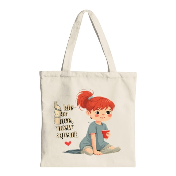 Cheerful Red - Haired Girl Tote Bag - Light Blue Dress Playful Text & Heart Design - Perfect for Shopping Travel & Parties