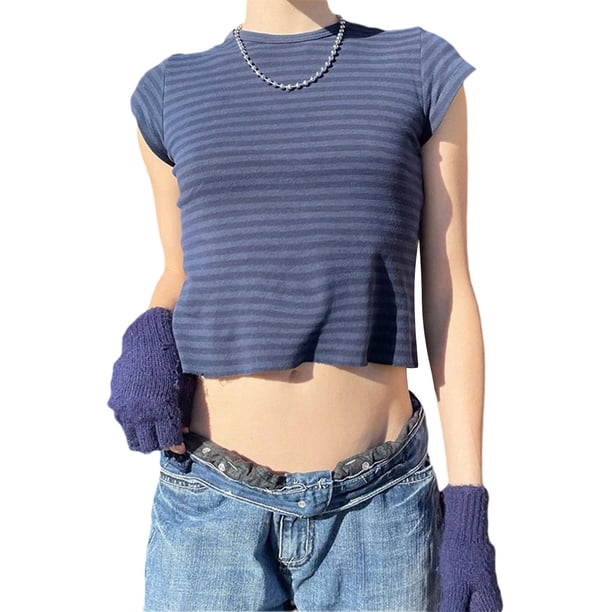 SAYOO , camisetas de manga corta para mujer, camisetas cortas casuales de verano a rayas con cuello redondo para ropa de calle SAYOO Casual