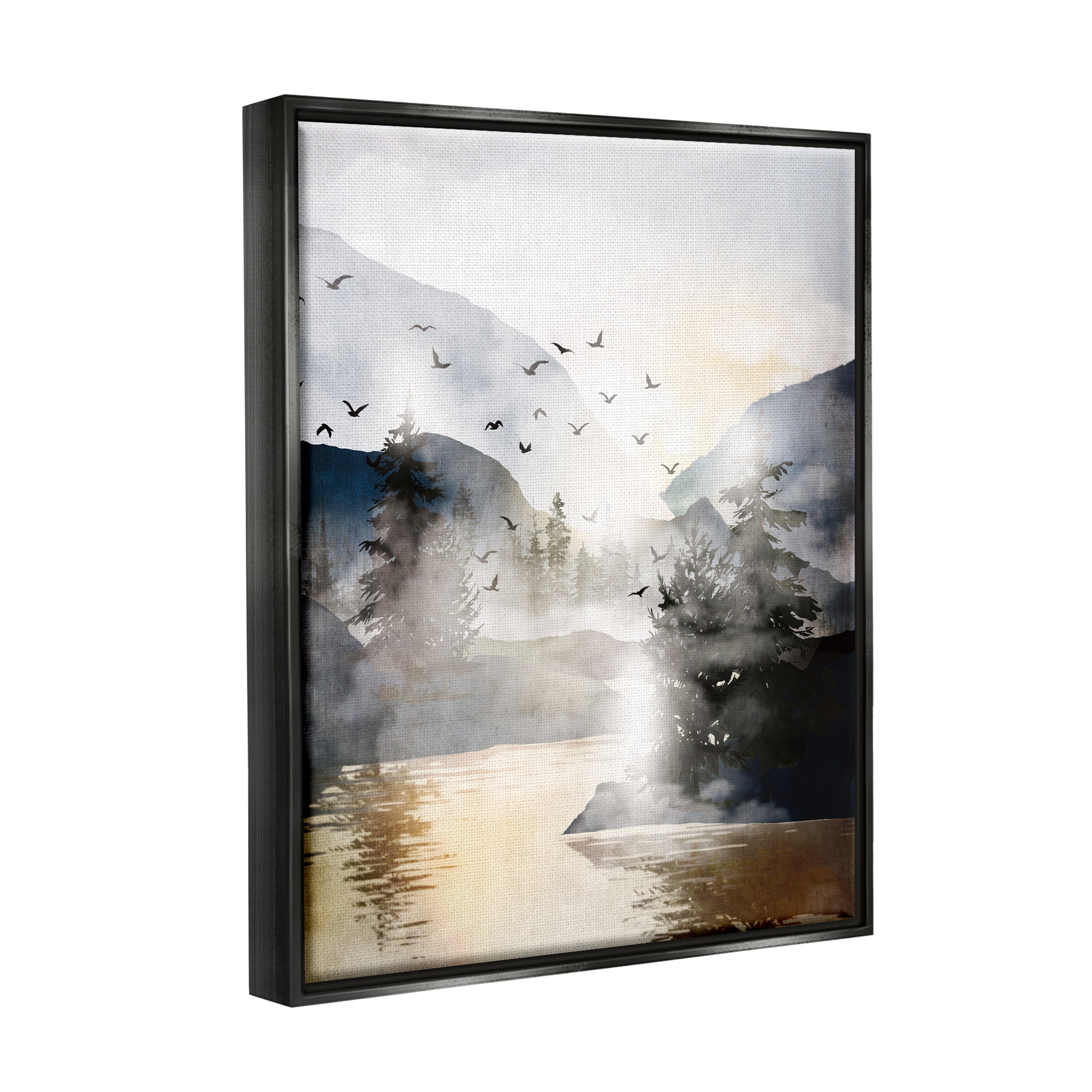 Stupell Flying Birds Mountain Lake View Landscape Painting Black Floater Framed Art Print Wall Art