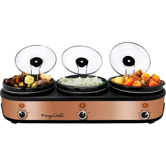 MegaChef Triple 2.5 Quart Slow Cooker and Buffet Server in Brushed Copper and Black Finish with 3 Ceramic Cooking Pots and Removable Lid Rests