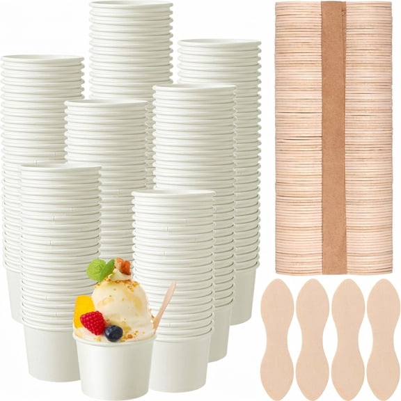 100 Pack 4 Oz Disposable White Paper Dessert Cups With Mini Wooden Spoons