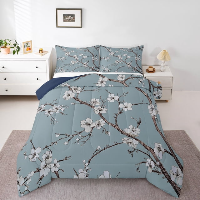 Erosebridal Chic Cherry Blossoms Bedding Todder Comforter Set, Botanical Floral Flower Down Comforter, Grey, Reversible 2 Pieces