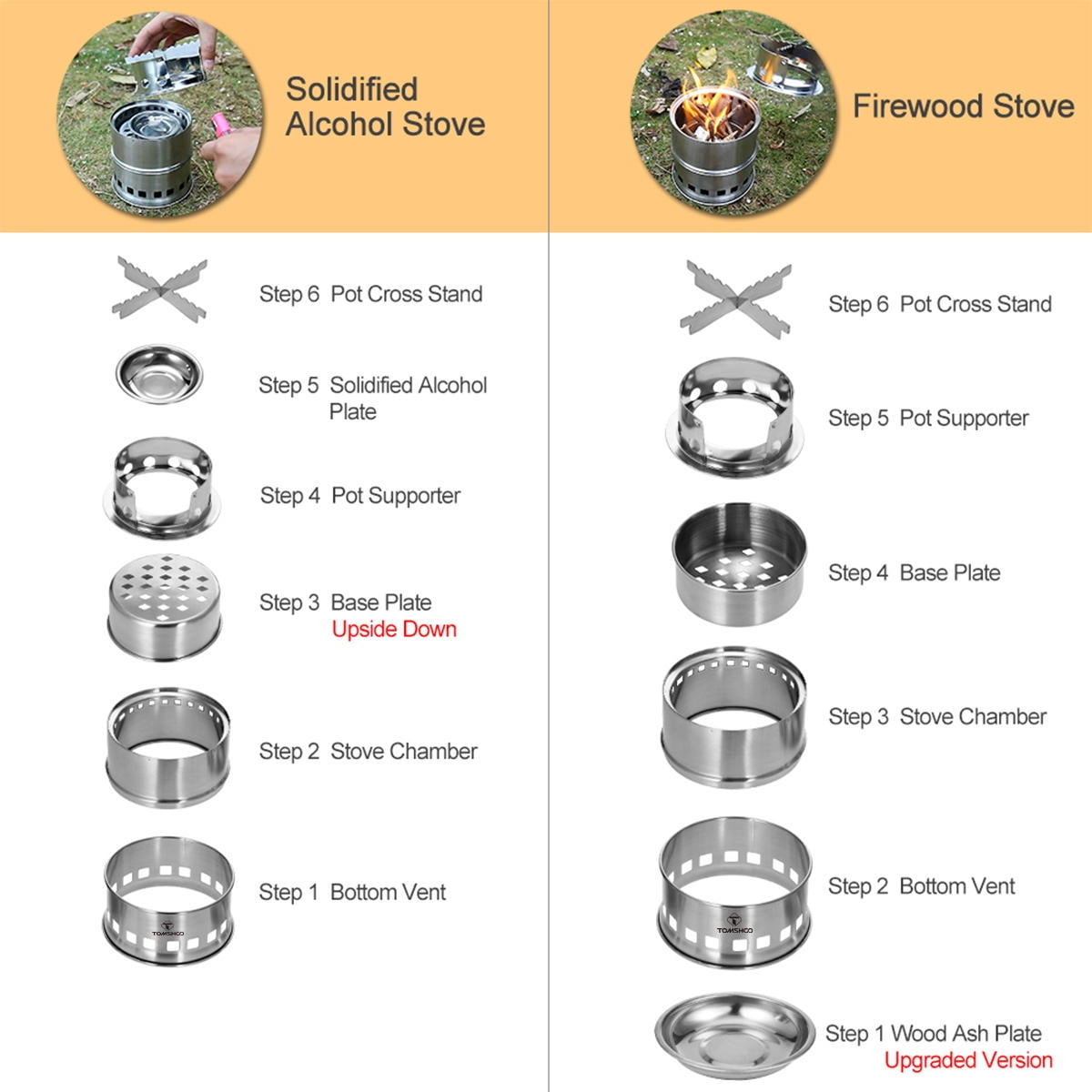 YAHHU Portable Stainless Steel Wood & Alcohol Camping Stove with Foldable Handle, Windproof Stand, Ash Tray – Compact, Durable, Eco‑Friendly Outdoor Cooking