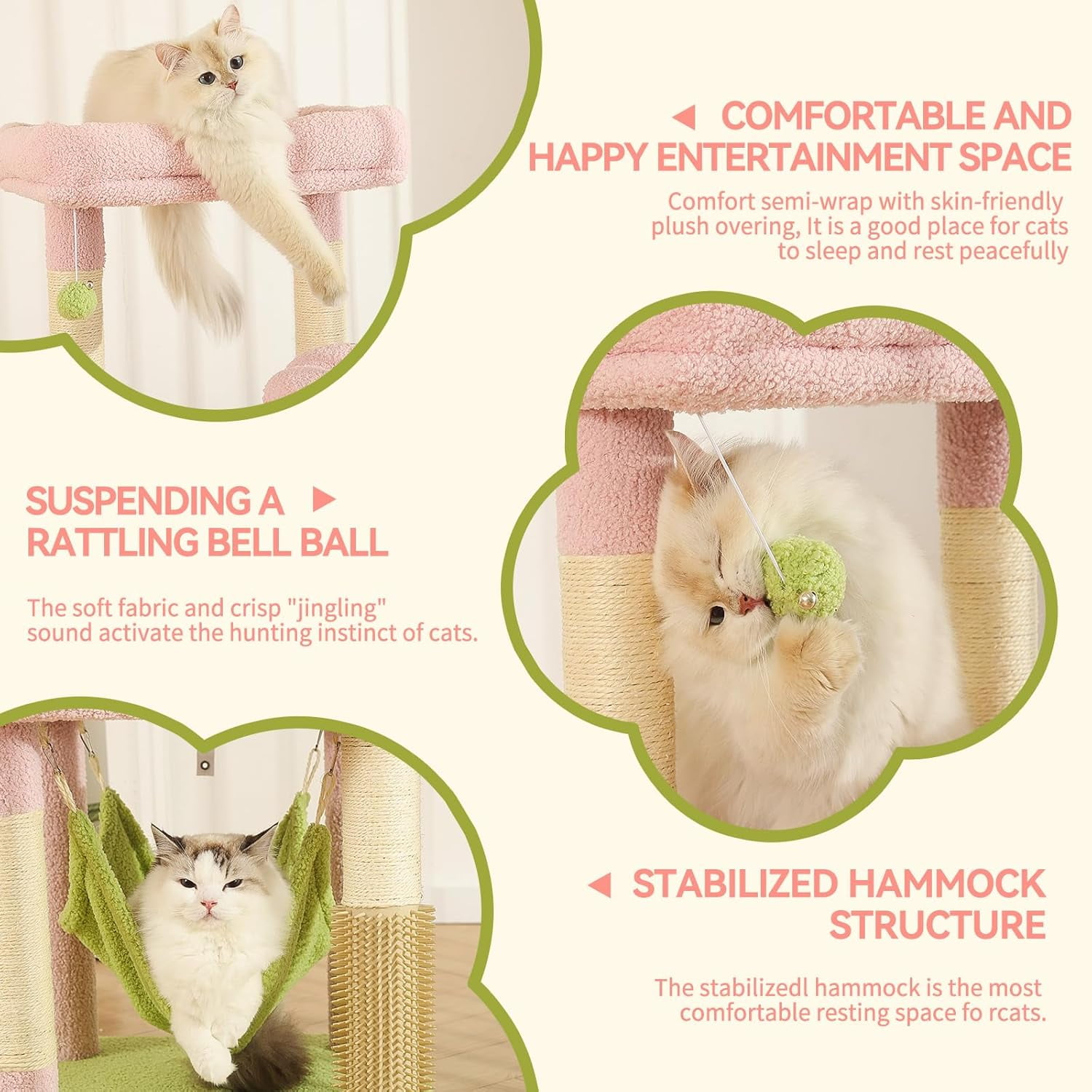 65-Inch Flower  Tree for Large Cats, Pink  Tower with  Large Condo, 2 Perches, Spacious Hammock and 6 Sisal Scratching Posts for Indoor Cats