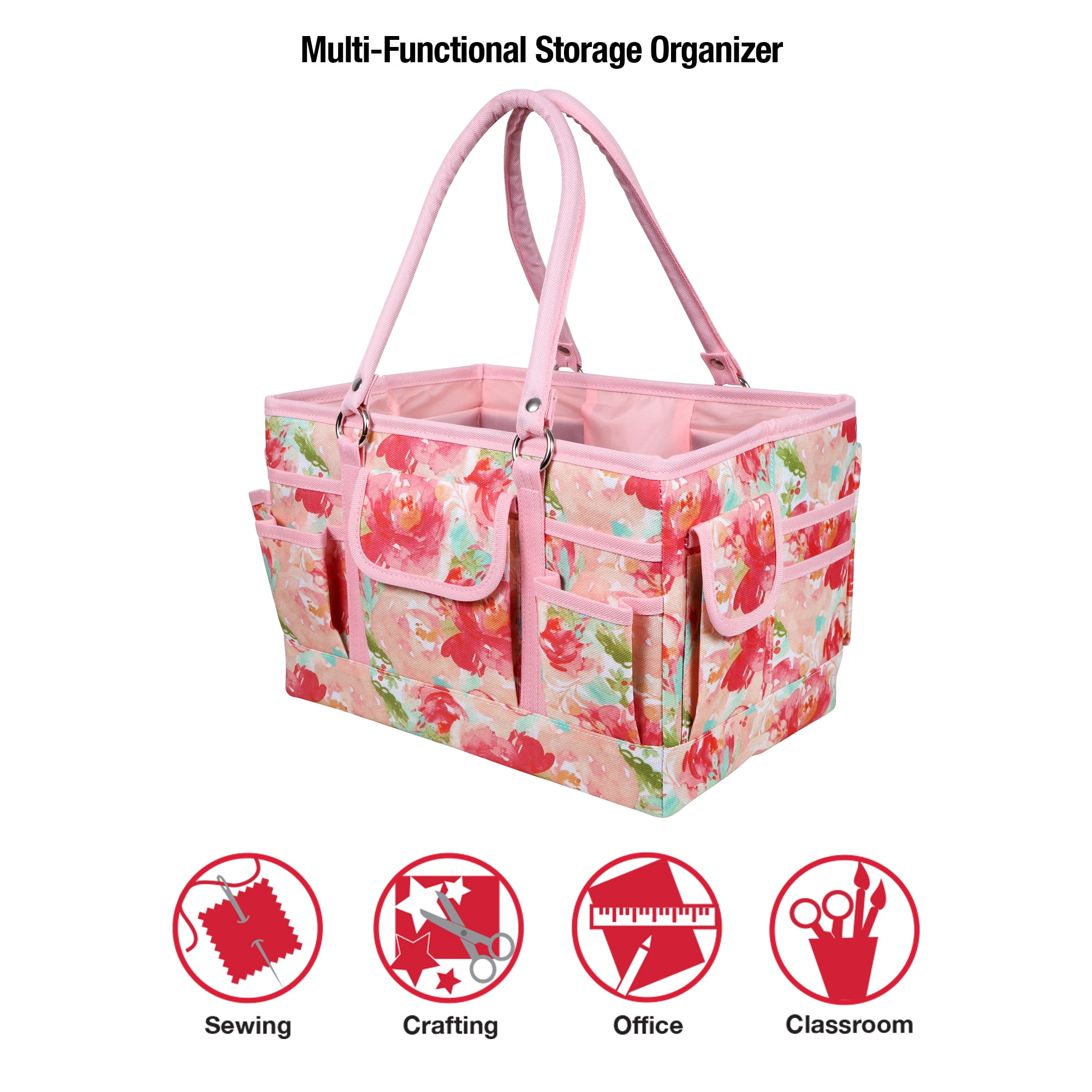 SINGER Sewing Storage Organizer Collapsible Tote Caddy, Craft Storage,  Watercolor Floral Print, 1 Count 