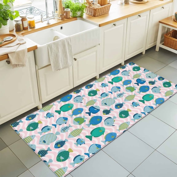 Hallway Runner Rug 2'x6', Pink Fishes Kitchen Runner Rugs Non-Slip Carpet Mats, Cartoon Coastal Ocean Fish Striped Bedside Rugs Runners Washable Floor Carpet for Bathroom Laundry Room