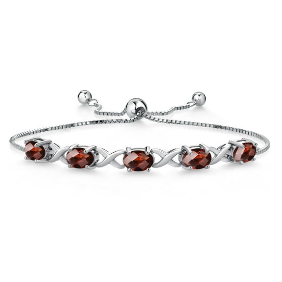 Gem Stone King 925 Sterling Silver Red Garnet Bracelet for Women (5.00 Cttw, Gemstone January Birthstone, Oval Checkerboard 7X5MM, Fully Adjustable up to 9 inches)
