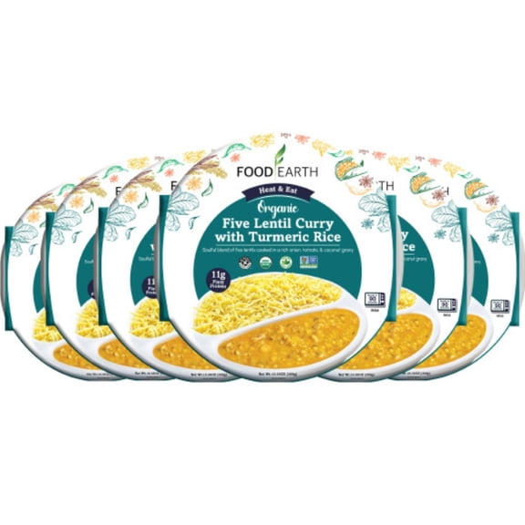 Food Earth - Organic Five Lentil Curry with Turmeric Rice Ready to Eat Indian Meal , 100% Organic, Vegan, Gluten-Free, Heat & Serve,10.58 oz, 6 units Shelf Stable