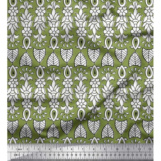 Soimoi Moss Georgette Fabric Leaves & Floral Block Printed Fabric 1 Yard 42 Inch Wide
