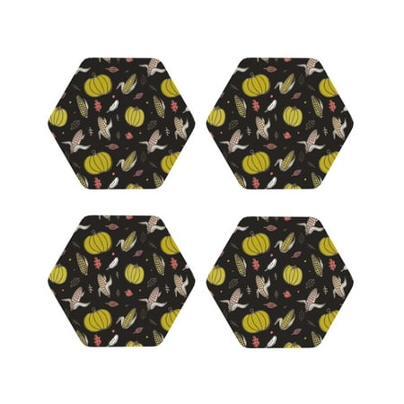

KLL Drink Coasters Set Hexagon of 4 PU Leather Absorbent Coasters Set Decorative Coffee Cup Coasters Housewarming Gift for Home Decor-yellow Pumpkin Corn