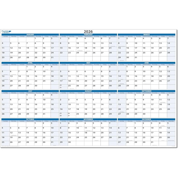 PlanetSafe Calendars 2026 Annual 24" tall x 36" wide 12-Month Horizontal Sky Blue Wet & Dry-Erasable Wall Calendar - Yearly Planner - Complete with marker, eraser and marker snap-in holder - BN