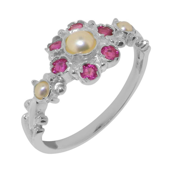 LBG British Made 10k White Gold Cultured Pearl & Ruby Womens Statement Ring - 33 size options - Size 9.25