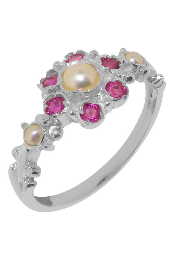 LBG British Made 925 Sterling Silver Cultured Pearl & Ruby Womens Anniversary Ring - 33 size options - Size 9