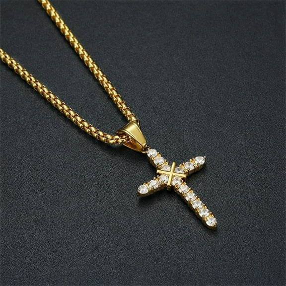 Hip Hop Iced Out Bling Small Cross Pendant 14K Yellow Gold Christian Cross Necklace For Women Religious Jewelry Gift
