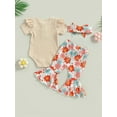 thumbnail image 4 of Wassery Infant Baby Girls Clothes Solid Color Knit Rib Short Sleeve Romper Crew Neck Jumpsuits Daisy/Flower Print Flare Pants Headband 3Pcs Summer Set 0-18M, 4 of 8