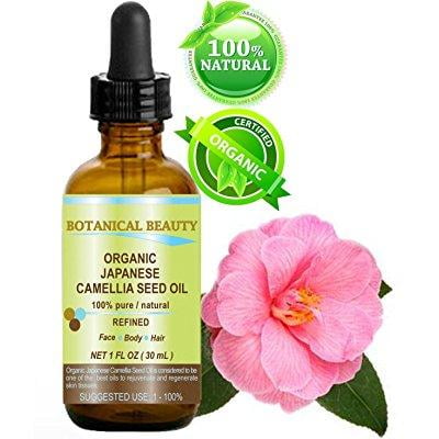 Camellia Seed Oil - japanese organic camellia seed oil. 100% pure / natural / undiluted / refined / cold pressed carrier oil. rich antioxidant to revitalize and rejuvenate the hair, skin and nails. 1 fl.oz-30 ml. botanic