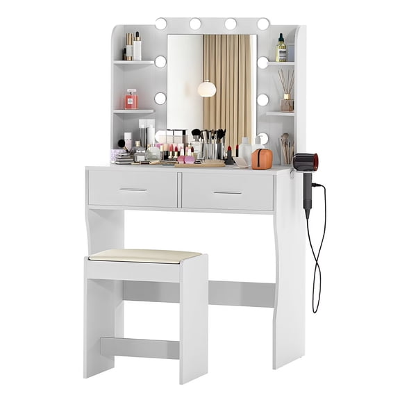 YRLLENSDAN,Makeup Vanity Desk with Lights,Small Vanity Desk,Vanity Table with Mirror,Girls Vanity Set,3 Types of Lights,with a Chair,White