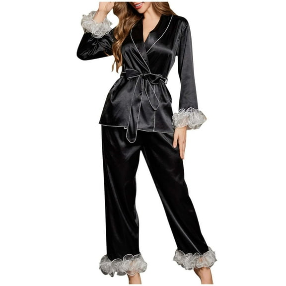 Tnhcen Silk Pajamas Set Long Sleeve Top Satin Lounge Sets for Women with Pants Outfits with Belt