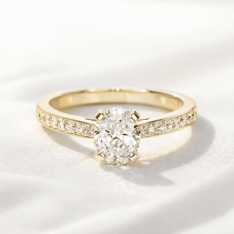 Jewelerix Oval Cut Solitaire Engagement Ring with Pavé Band, 14K Yellow Gold Vermeil, Perfect for Proposal Gift for Women