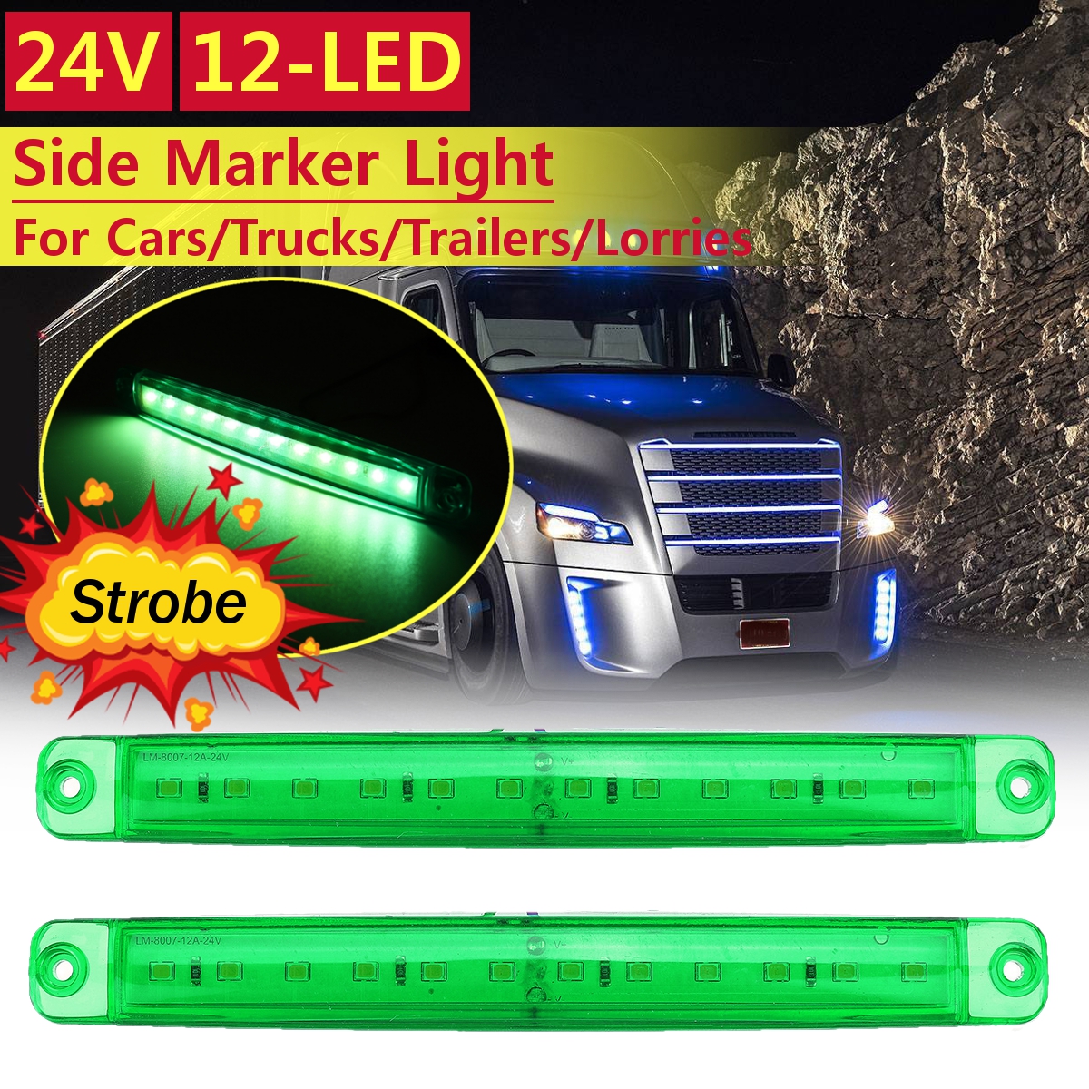 1 Pair Super Bright 24V 12 LED Green Side Marker Light Flash Strobe