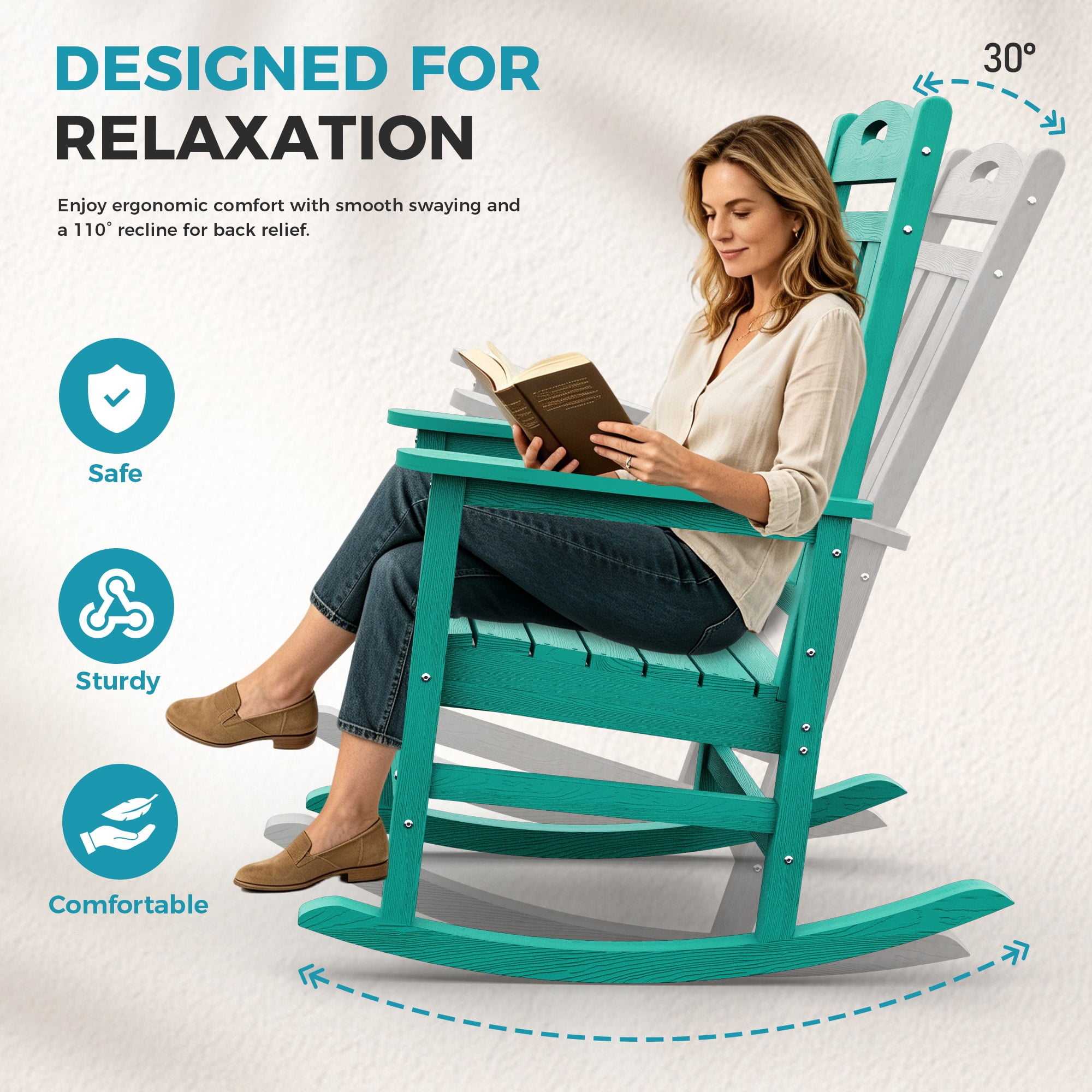 Oversized HDPE Outdoor Rocking Chair, All-Weather High Back Porch Rocker, Aqua